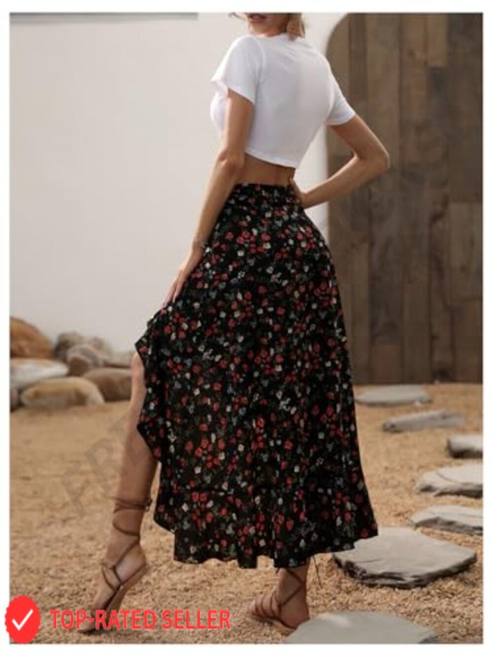Boho Floral Maxi Skirt High Waisted Ruffle Split Thigh Elegant Chic - Picture 2 of 6